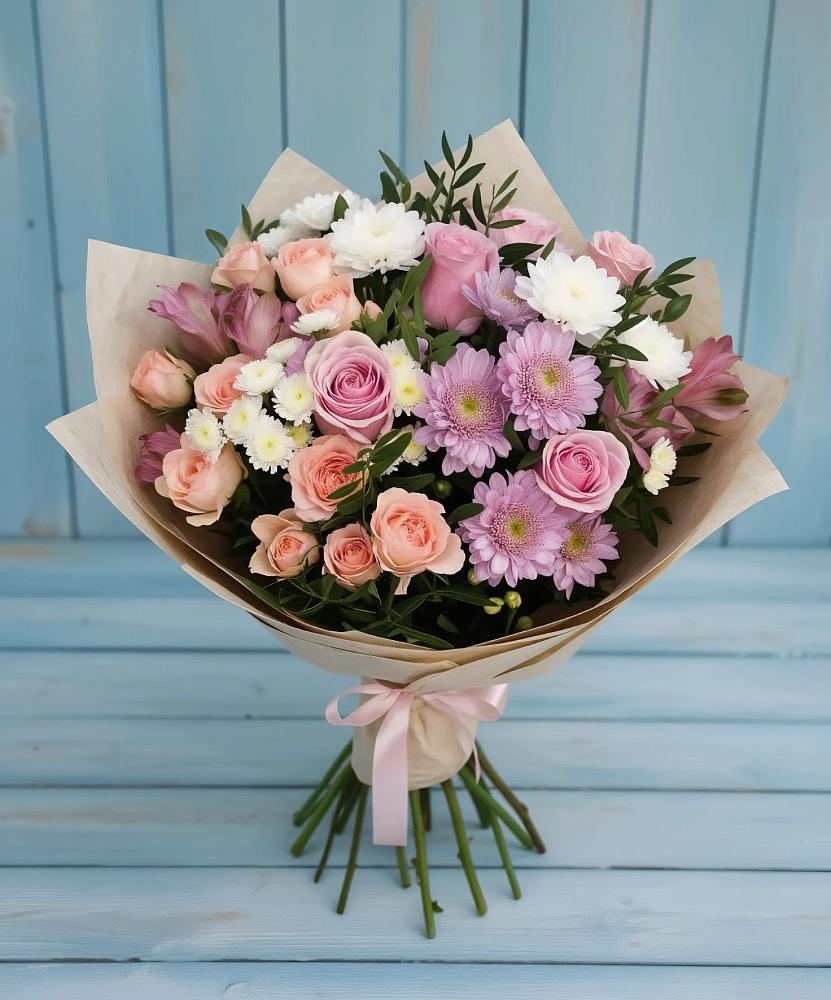 Букет цветов из: Хризантемы, Розы и Альстромерии в Туринская Слобода
