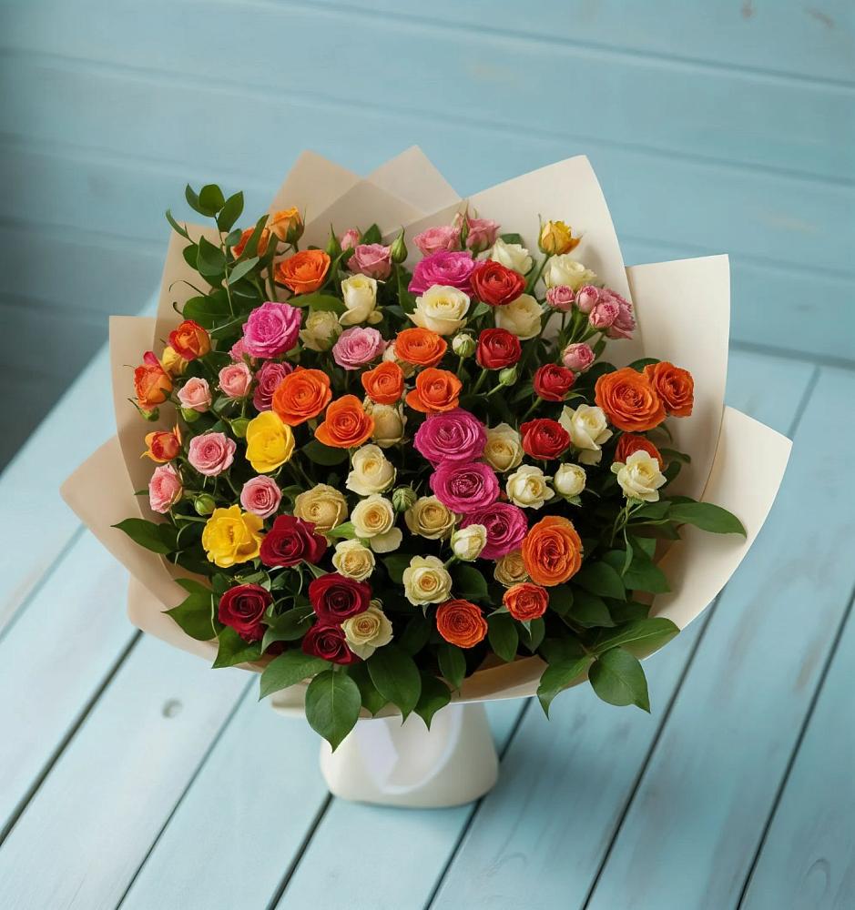 Букет Микс из разноцветных кустовых роз в Туринская Слобода