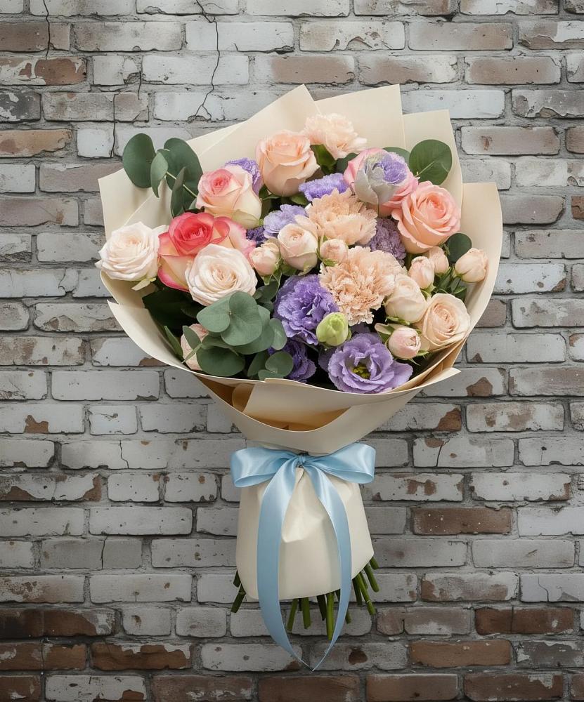 Букет цветов из: Розы, Лизиантусы и Гвоздики в Туринская Слобода