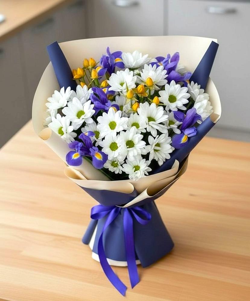 Букет цветов из: Розы, Ирисы и Хризантемы в Туринская Слобода