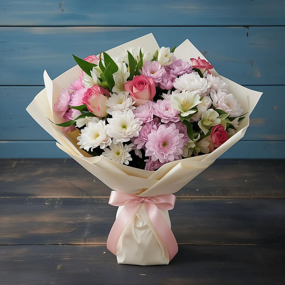 Букет цветов из: Хризантемы, Альстромерии и Розы в Туринская Слобода